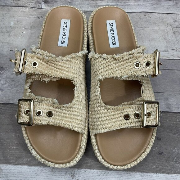 Steve Madden Karrigan Raffia Buckle Slide Sandals Size 9 Natural /Beige - Picture 3 of 10